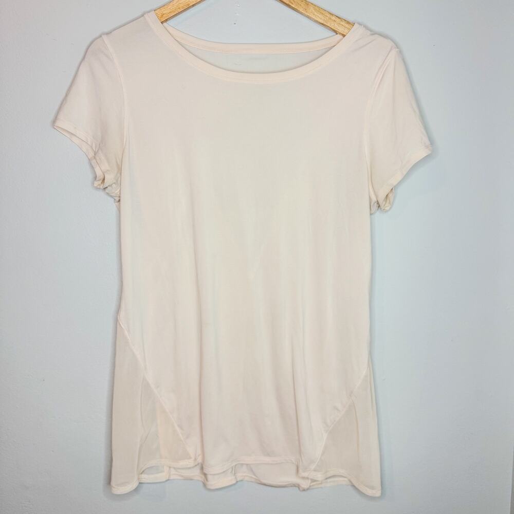 Zella Pale Peach Mesh Panel Open V Back Short Sleeve Workout Top Size M